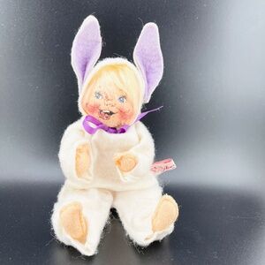 Annalee Spring- 1990 Bunny Suit Doll Plush White w/ Purple Ears -Vintage Easter